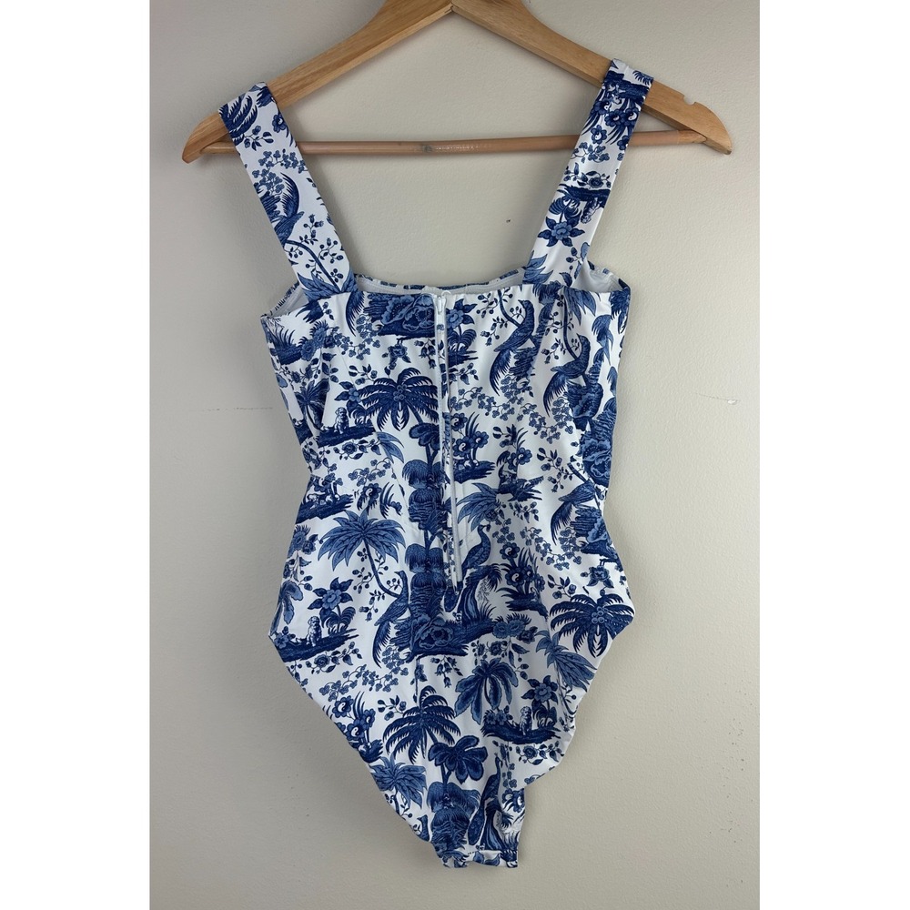 STAUD Adelaide Blue Toile One Piece Swimsuit Corset Boning M Tropical Dog Print - Picture 7 of 14